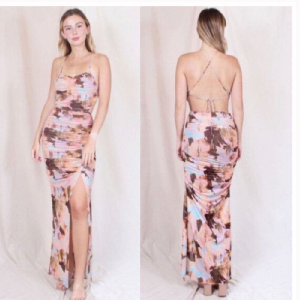 Y2k ruched Elegant Cream and Orange Spaghetti Strap Maxi Dress front slit acacia - Picture 7 of 16